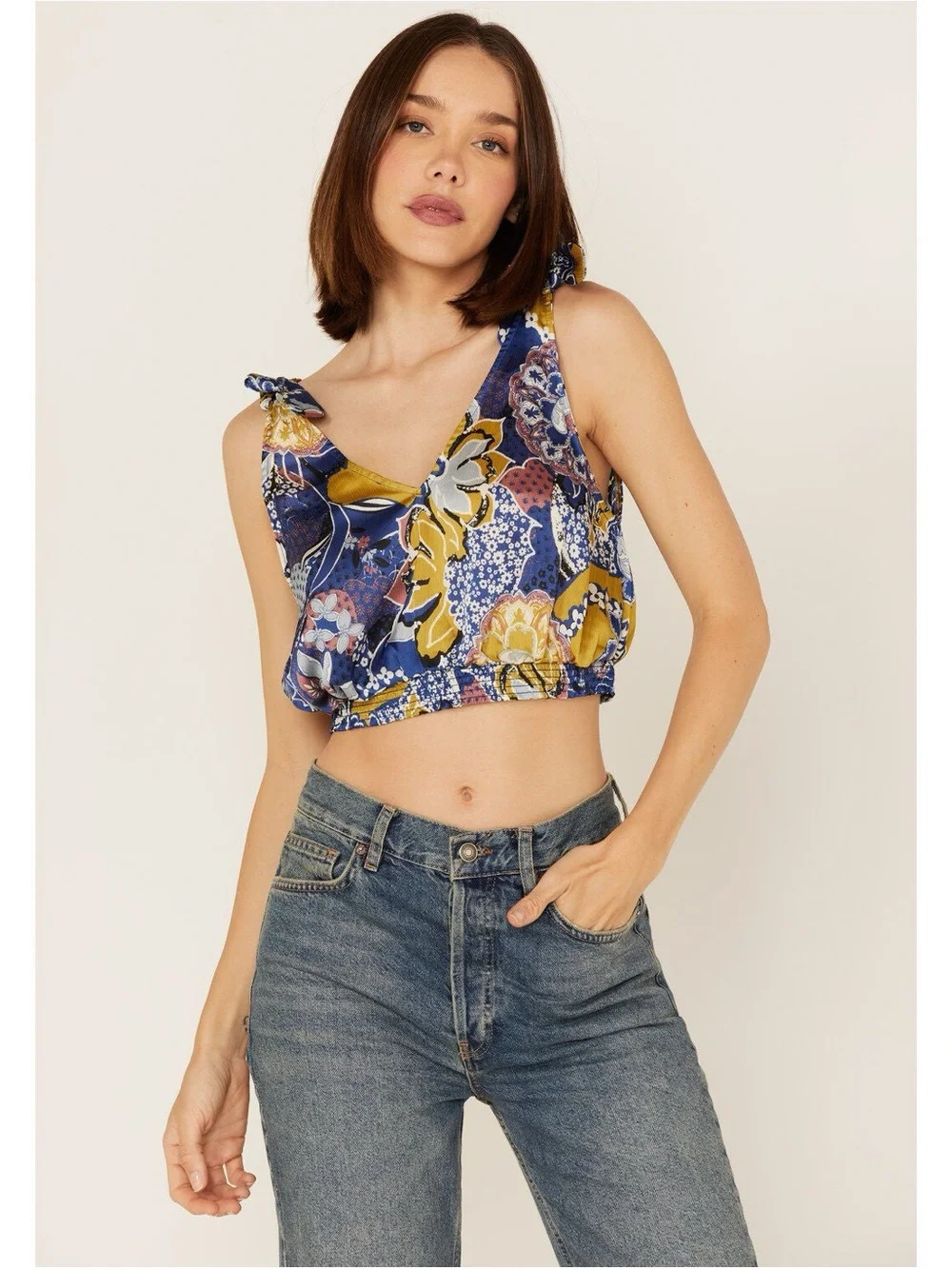 FREE PEOPLE WOMEN'S WEEKEND IN MONTAUK FLORAL PRINT CROPPED TANK TOP Size M